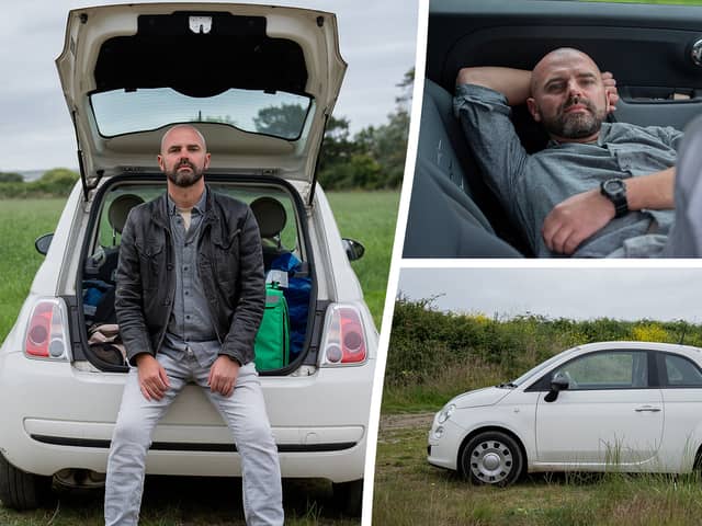 Maciej Bober lives in his Fiat 500 full-time and says he's "happier than ever".