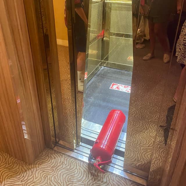 The hotel the family were put into by Jet2 had a broken lift being held open with a fire extinguisher.