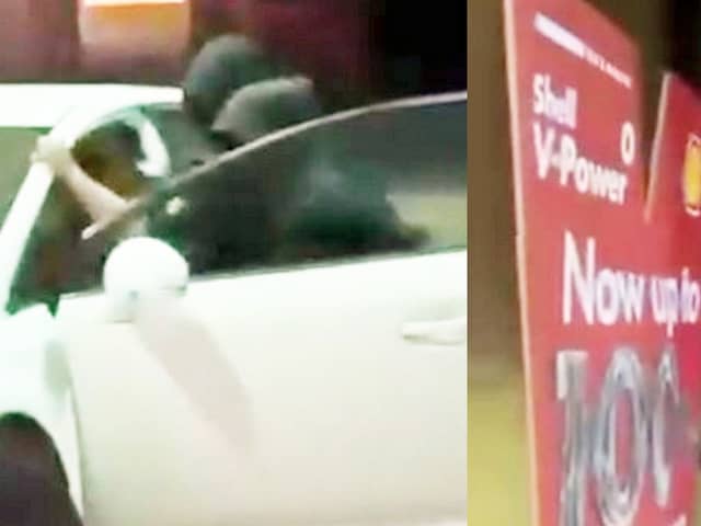 Men attempt to rob car with machete as driver fills up.