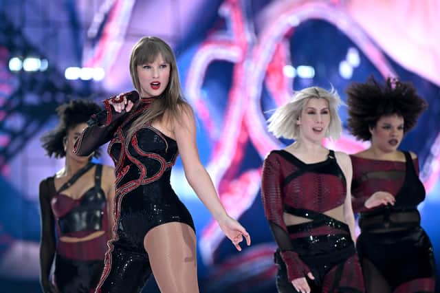 Taylor Swift onstage during the Eras Tour in her Reputation costume (Photo by Getty Images for TAS Rights Mana)