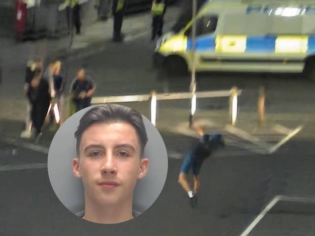 Cole Stewart, 18, who was caught on CCTV “celebrating” after throwing bricks at police officers has been convicted.