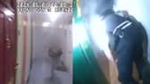 Police crawl into burning flat to rescue residents from fire.
