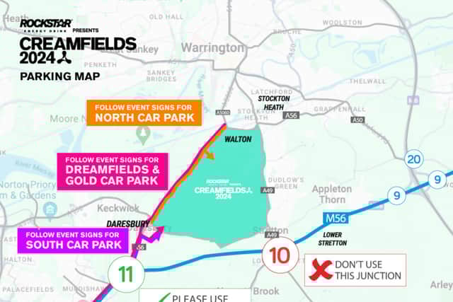 Those travelling to Creamfields North 2024 by car need to avoid Junction 10 and instead use Junctions 11 and 12 to get to the car parks and pick-up/drop-off point at the North Gate this year.