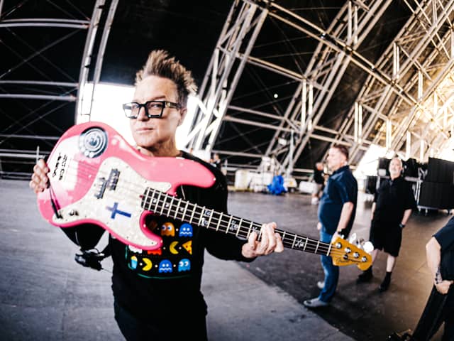 Mark Hoppus of Blink-182 poses backstage at the Sahara Tent during the 2023 Coachella Valley Music and Arts Festival  on April 14, 2023 in Indio, California.