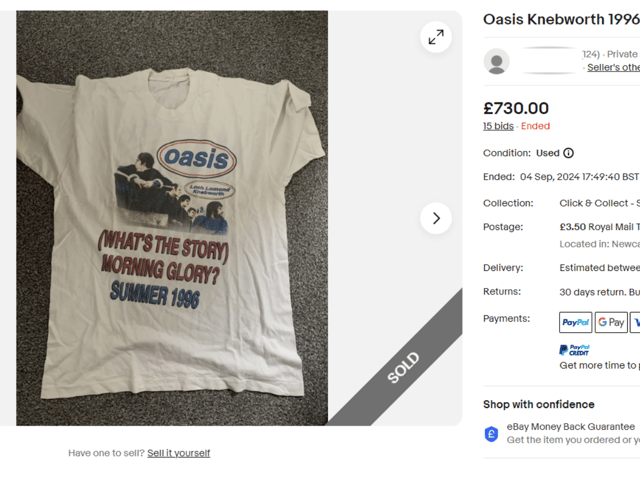 One Oasis shirt that is "unofficial" went for £730 on eBay, owing to the renewed interest in the band and the cultural impact the Knebworth 1996 shows had.