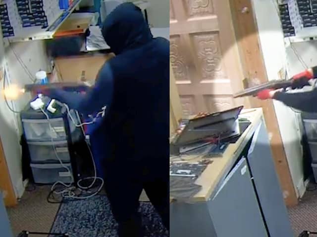 Chilling moment thug fires shotgun inside computer shop