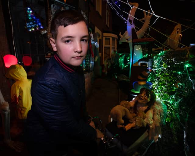 Bailey Wood in his Halloween garden in Blackpool