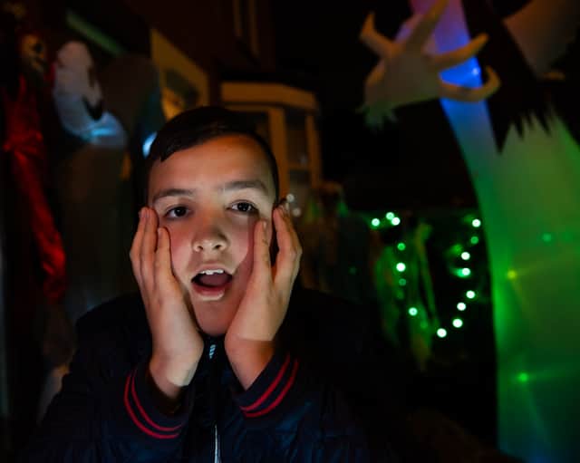 Bailey Wood in his Halloween garden in Blackpool