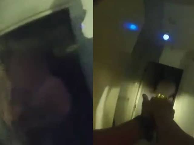 Man swings circular saw at police.
