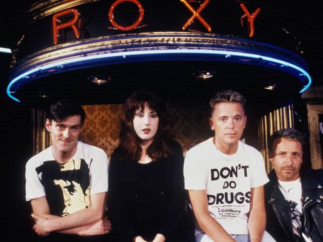 Stephen Morris, Gillian Gilbert, Bernard Sumner, and Peter Hook, of the band New Order, at the Roxy, London, 1986. 