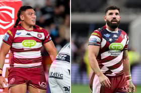 Patrick Mago (left) and Abbas Miski (right) in action for Wigan Warriors in 2025