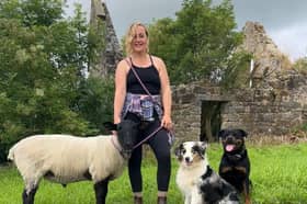 Robyn Swan moved out of her home to live rent-free in a container in rural Scotland, growing her own food and harvesting rainwater. She is pictured with her pet sheep and dogs. Photo: Robyn Swan / SWNS