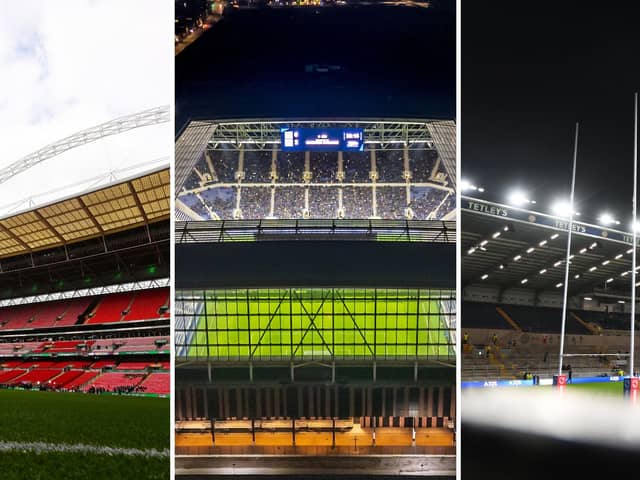 From left to right: Wembley Stadium, Everton Stadium at Bramley-Moore Dock and AMT Headingley Stadium