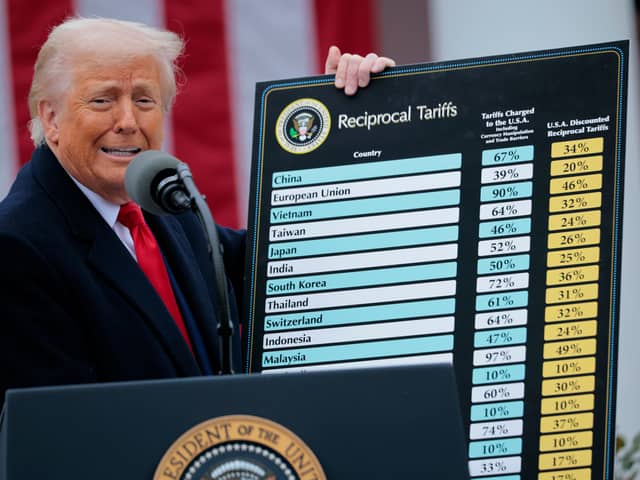 President Donald Trump holds up a chart of "reciprocal tariffs" while speaking during a trade announcement event in the Rose Garden at the White House.