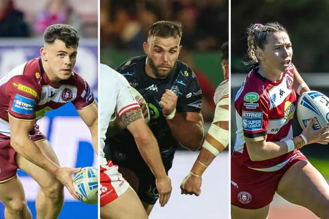 From left to right: Tom Forber, Kaide Ellis and Georgia Wilson in action for Wigan Warriors