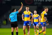 Mikolaj Oledzki (right) is sin-binned in Leeds Rhinos' win at Salford Red Devils in Round Seven