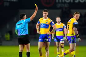 Mikolaj Oledzki (right) is sin-binned in Leeds Rhinos' win at Salford Red Devils in Round Seven