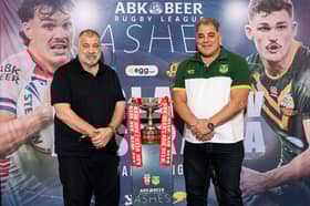 England coach Shaun Wane (left) and Australia boss Mal Meninga (right) with the Rugby League Ashes trophy