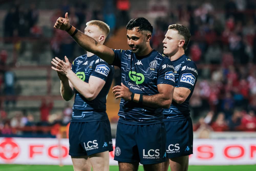 Bevan French salutes the travelling Wigan Warriors fans after win over Hull KR at Sewell Group Craven Park