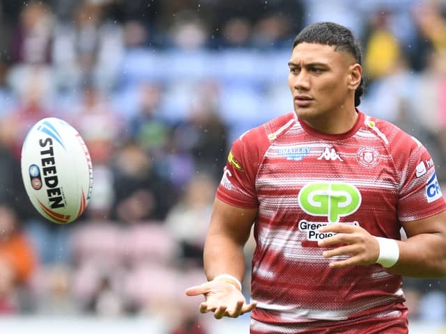 Wigan Warriors prop Patrick Mago in a pre-match warm-up
