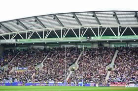 The South Stand at the Good Friday derby between Wigan Warriors and St Helens at a sold-out Brick Community Stadium