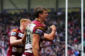 Sam Walters celebrates a try in Wigan Warriors' win over St Helens on Good Friday