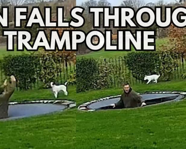 Two images of a man falling through a trampoline