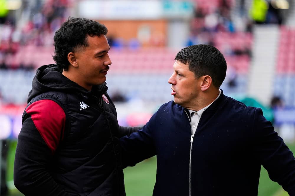 Wigan Warriors prop Tyler Dupree (left) with head coach Matt Peet (right) at the Brick Community Stadium