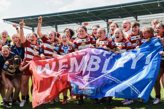 Wigan Warriors Women celebrate getting to the Challenge Cup final at Wembley