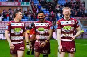 From left to right: Jai Field, Bevan French and Zach Eckersley after Wigan Warriors' win over St Helens on Good Friday