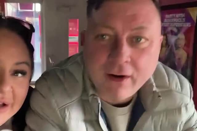 Video grab of Michelle Robinson and Stephen Robinson trapped in Madame Tussauds in Blackpool, Lancs.