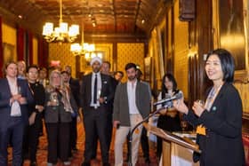 Helen Liu addresses guests during the Blockchain for Good Alliance Impact Leaders’ Summit at the UK House of Lords, sharing insights on advancing blockchain for societal impact.