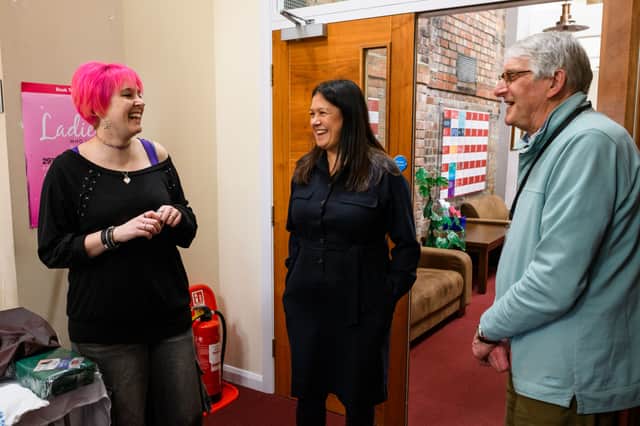 Wardrobe mistress Stacey Vernon with Lisa Nandy and set-builder/tour guide Brian Heap