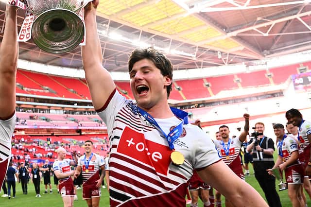 Ethan Havard celebrating Wigan Warriors' Challenge Cup final win at Wembley