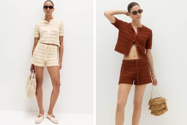 M&S cotton blend textured cropped cardigan and Cotton blend tie front knitted shorts
