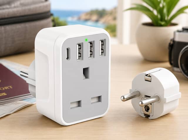 The Omivine European travel adapter combines a UK socket with three USB-A ports and one USB-C connection