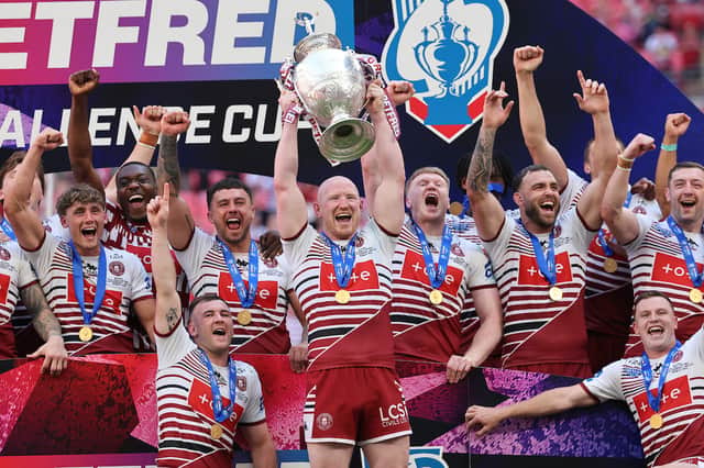 Liam Farrell lifts the Challenge Cup after Wigan Warriors' win over Hull KR in the 2026 final at Wembley 