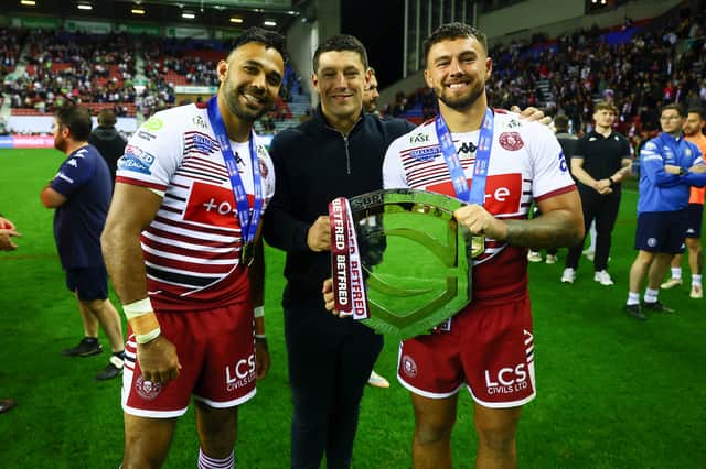 Bevan French (left), Matt Peet (centre) and Ollie Partington (right) were all smiles after Wigan Warriors sealed the League Leaders' Shield