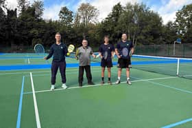 Coun Chris Ready and Mark Cowley (left) with Scot and Rob from Be Well at Mesnes Park