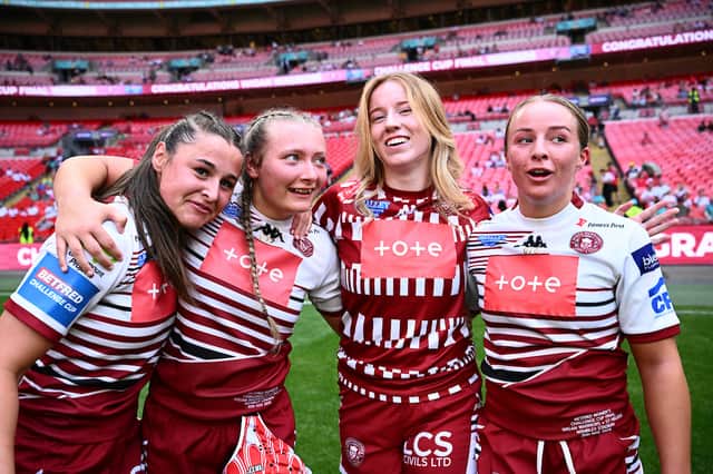 Left to right: Jenna Foubister, Izzy Rowe, Ruby Hunter and Ellise Derbyshire celebrate Wigan Warriors Women's Challenge Cup win at Wembley