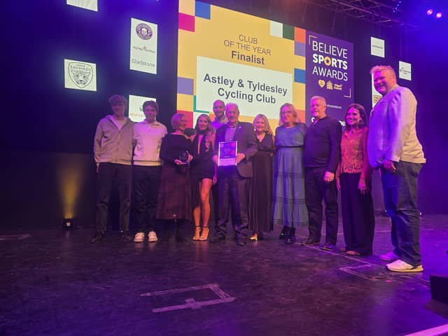 The A&T Club riders and officials receive their award from Matthew Hoggard MBE and a representative of the event sponsor, Cornerstone