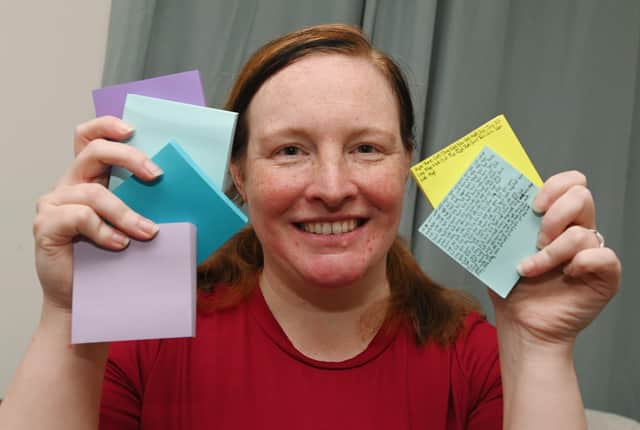 Eloise is taking on the challenge of writing as many words as possible on a sticky note