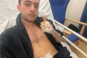 This is Alex after a 16-hour emergency ileostomy operation at Whiston Hospital