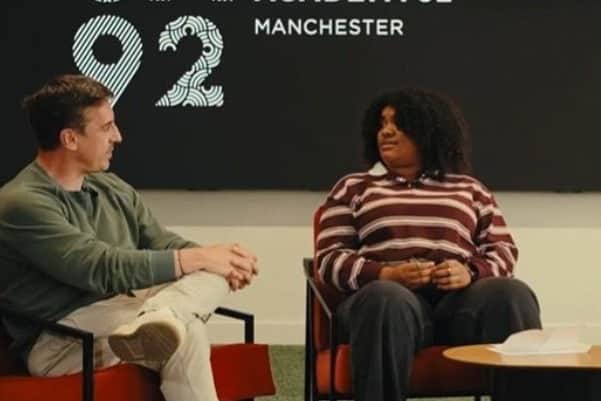 Gary Neville presents Yasmin with her UA92 Sports Journalism Honours Scholarship.