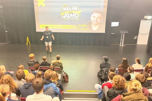 Ryan Swain delivering his voluntary ADHD awareness initiative You, Me & ADHD at St John Rigby College
