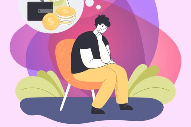 Cartoon sat down thinking about financial worries