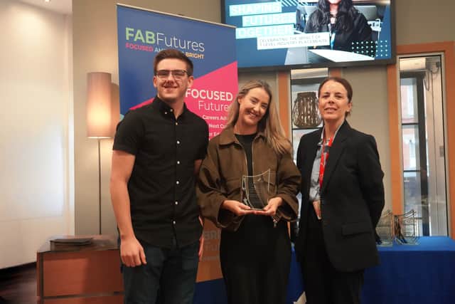 Hannah Williams, quality manager at Galliford Try with T-level student, Will Redmond and college principal, Anna Dawe OBE                            