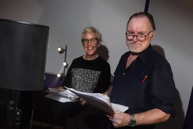 Actors Julie Hesmondalgh and Robert Glenister, at Wigan-based audio recording company Bamalam Production - they are recording a new audio drama with famous actors.