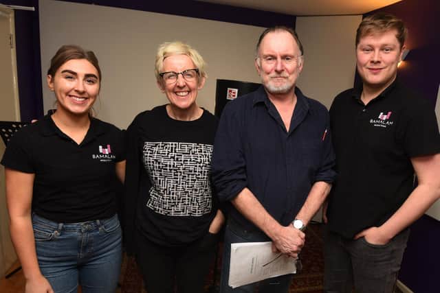 Bamalam Productions artistic directors Lauren Sturgess, left, and James Steventon, right, with actors Julie Hesmondalgh and Robert Glenister, 
at Wigan-based audio recording company Bamalam Production - they are recording a new audio drama with famous actors.