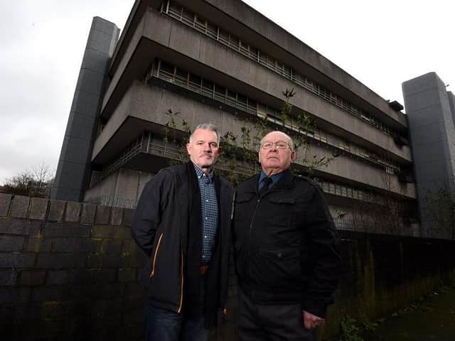 Councillors Lawrence Hunt and George Davies outside the former telephone exchange